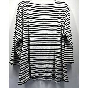 Chicos Women's Top XL Black White Stripe Buttons Accent 3/4 Sleeve Pullover